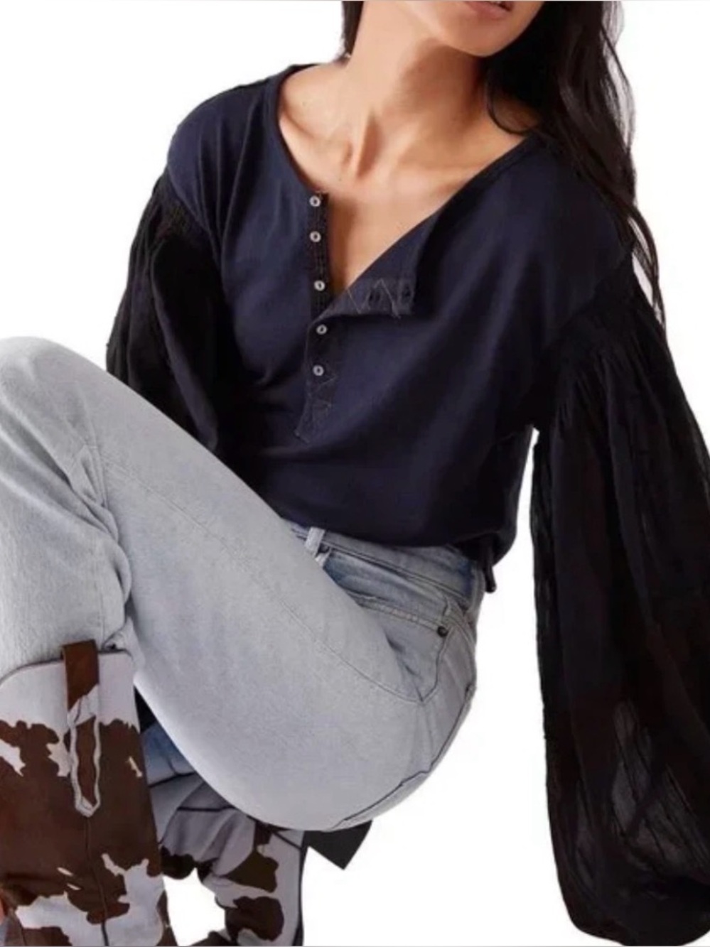 Free People Boho Balloon Sleeve Henley Navy Size M
